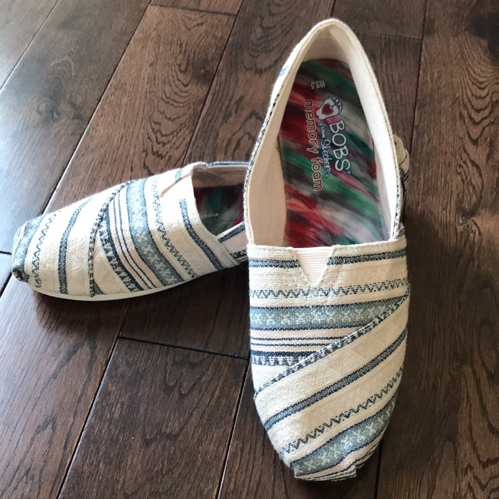 BOBS from Skechers Women's Cream and Blue Striped Slip-On Flats